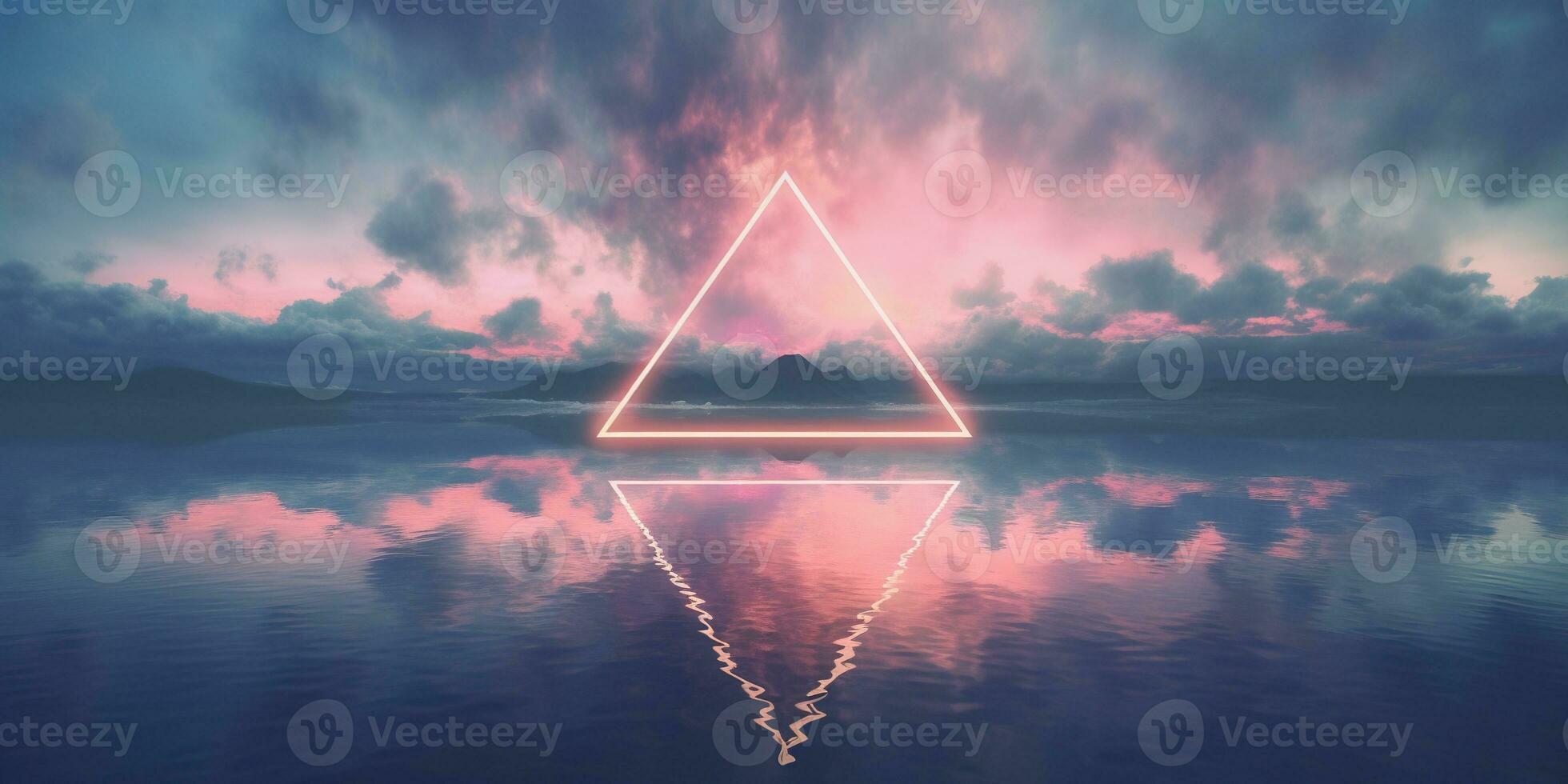 Generative AI, abstract geometric background, clouds, sea and glowing neon triangular frame. Minimal futuristic seascape with reflection in the water. photo