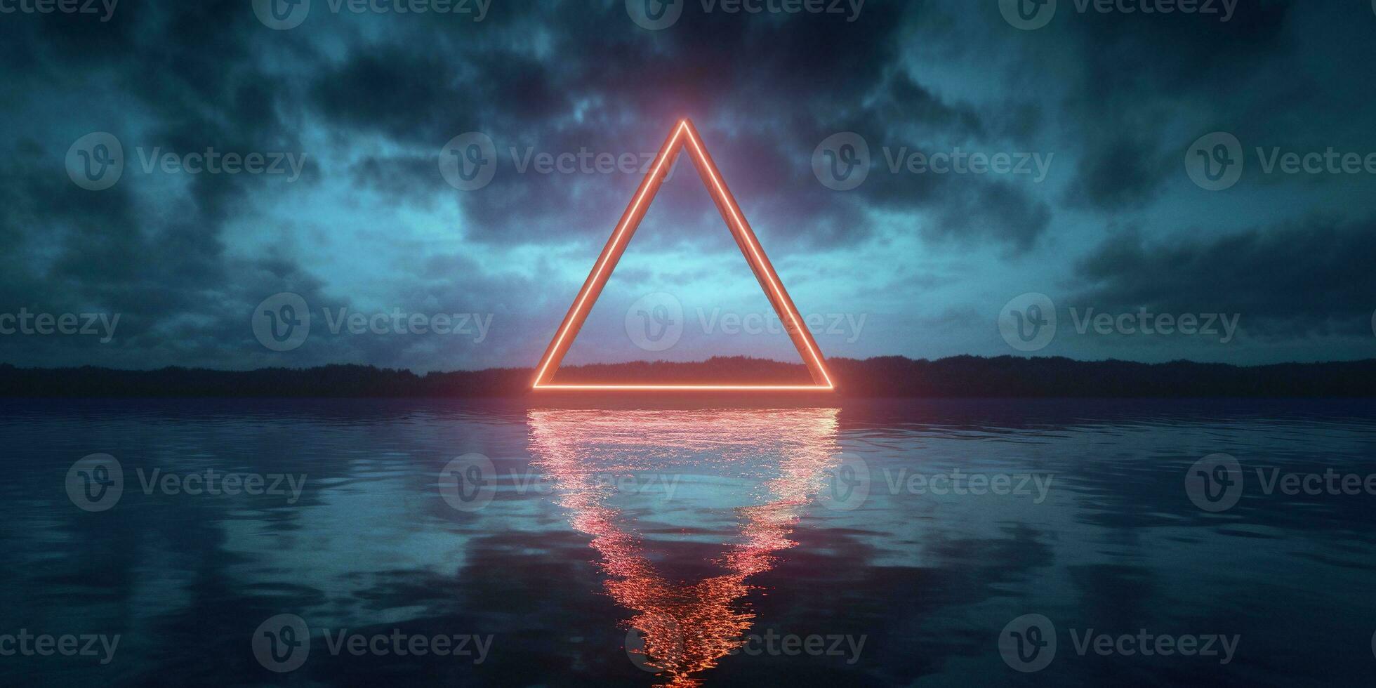 Generative AI, abstract geometric background, clouds, sea and glowing neon triangular frame. Minimal futuristic seascape with reflection in the water. photo