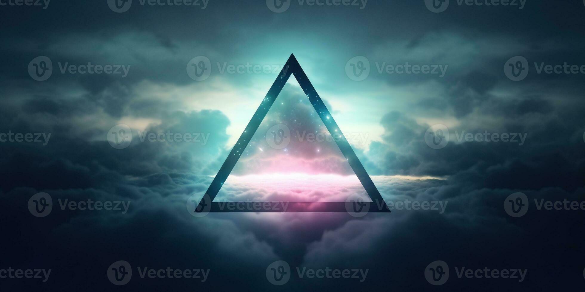Generative AI, abstract geometric background, clouds, sea and glowing neon triangular frame. Minimal futuristic seascape with reflection in the water. photo