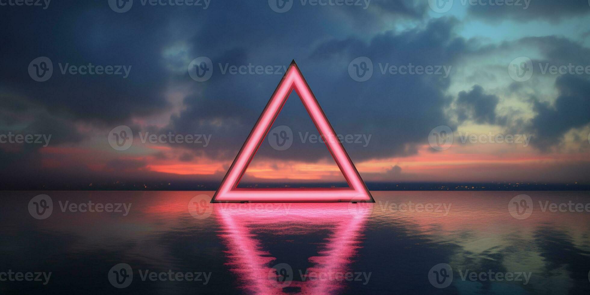 Generative AI, abstract geometric background, clouds, sea and glowing neon triangular frame. Minimal futuristic seascape with reflection in the water. photo