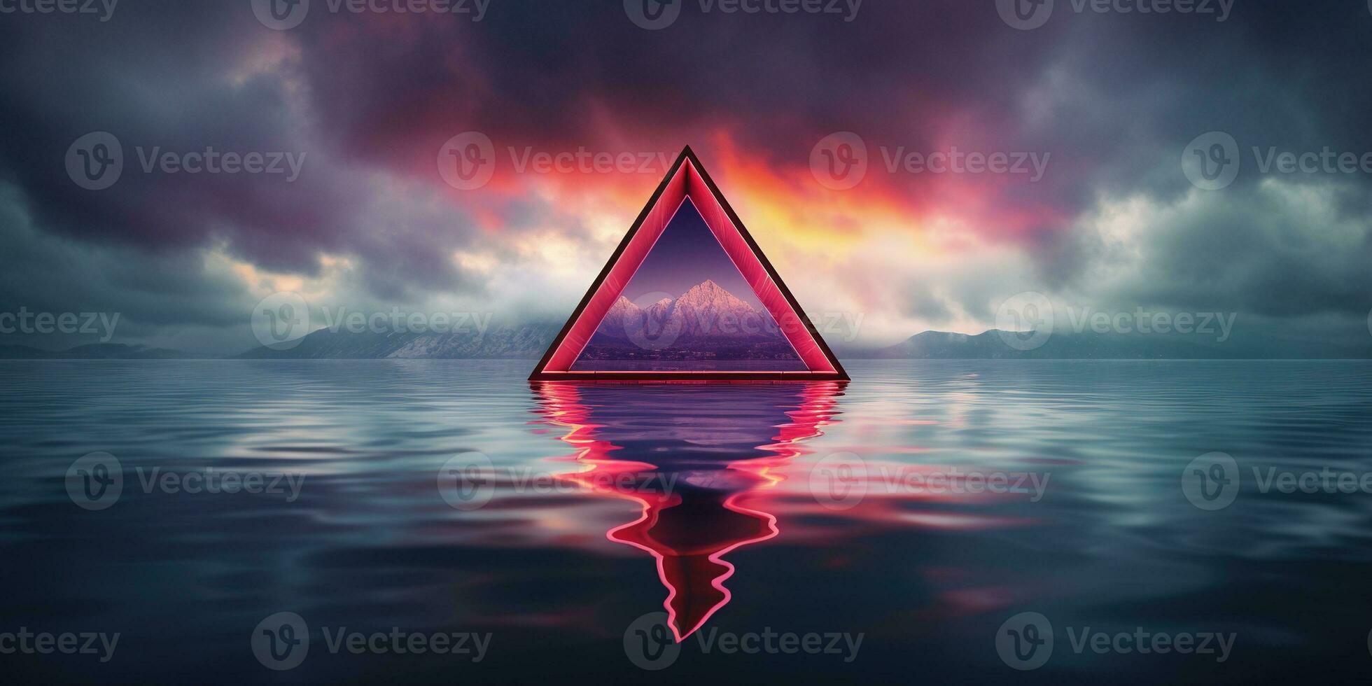 Generative AI, abstract geometric background, clouds, sea and glowing neon triangular frame. Minimal futuristic seascape with reflection in the water. photo