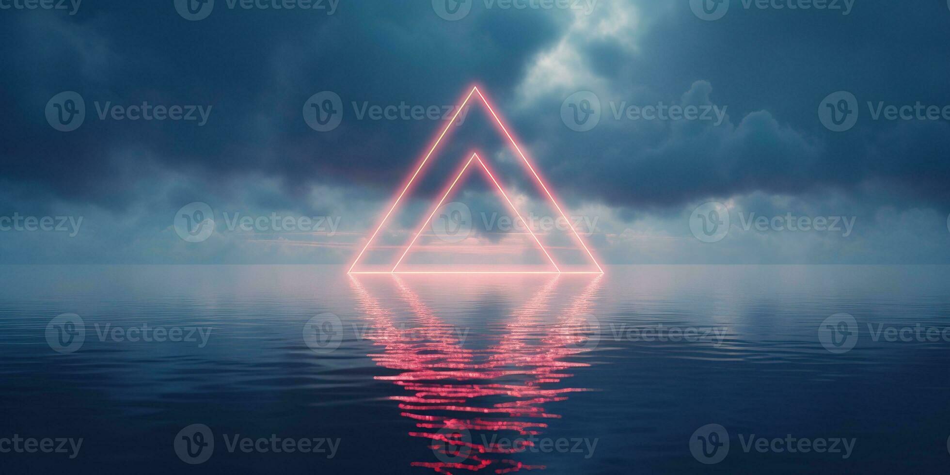 Generative AI, abstract geometric background, clouds, sea and glowing neon triangular frame. Minimal futuristic seascape with reflection in the water. photo