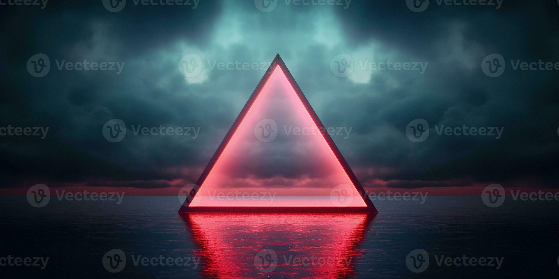 Generative AI, abstract geometric background, clouds, sea and glowing neon triangular frame. Minimal futuristic seascape with reflection in the water. photo