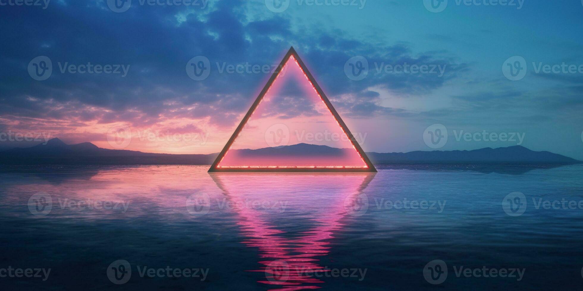 Generative AI, abstract geometric background, clouds, sea and glowing neon triangular frame. Minimal futuristic seascape with reflection in the water. photo