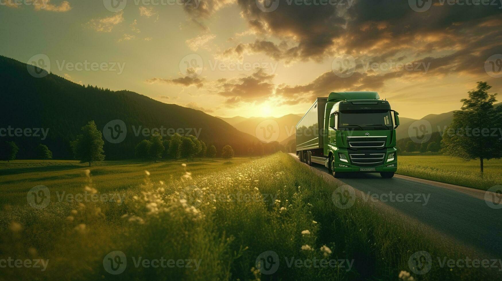 Generative AI, Green truck driving on the asphalt road in rural landscape at sunset. photo