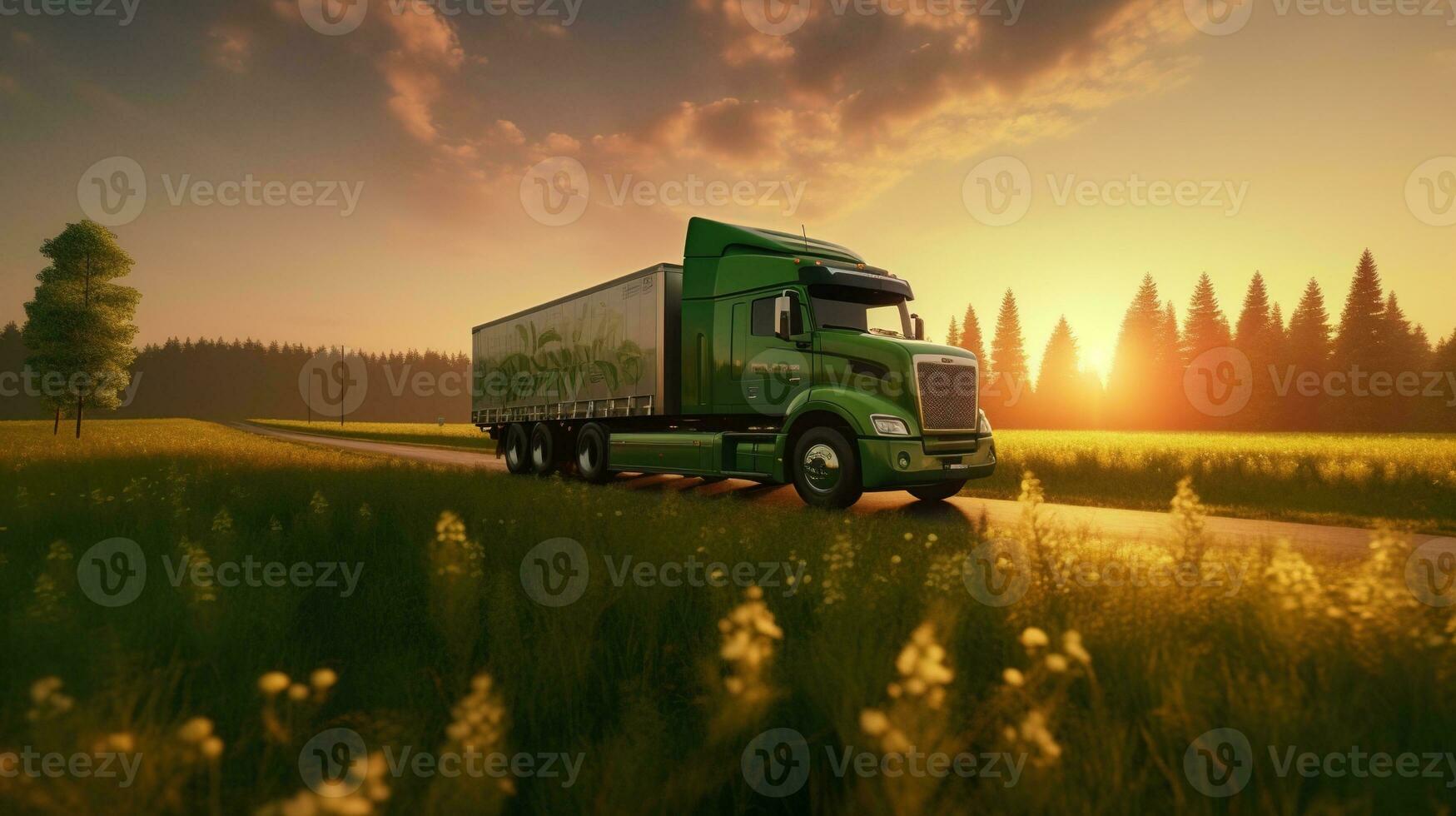 Generative AI, Green truck driving on the asphalt road in rural landscape at sunset. photo