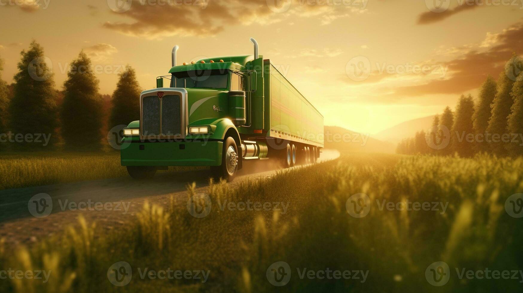 Generative AI, Green truck driving on the asphalt road in rural landscape at sunset. photo