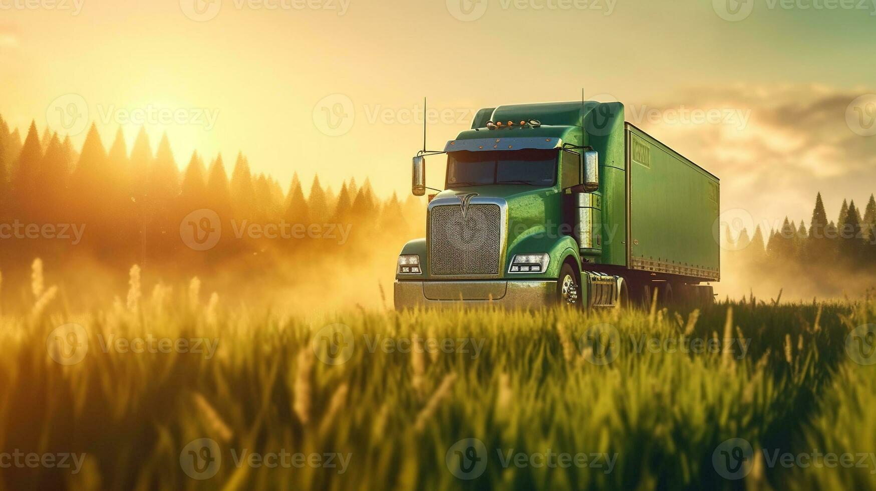 Generative AI, Green truck driving on the asphalt road in rural landscape at sunset. photo