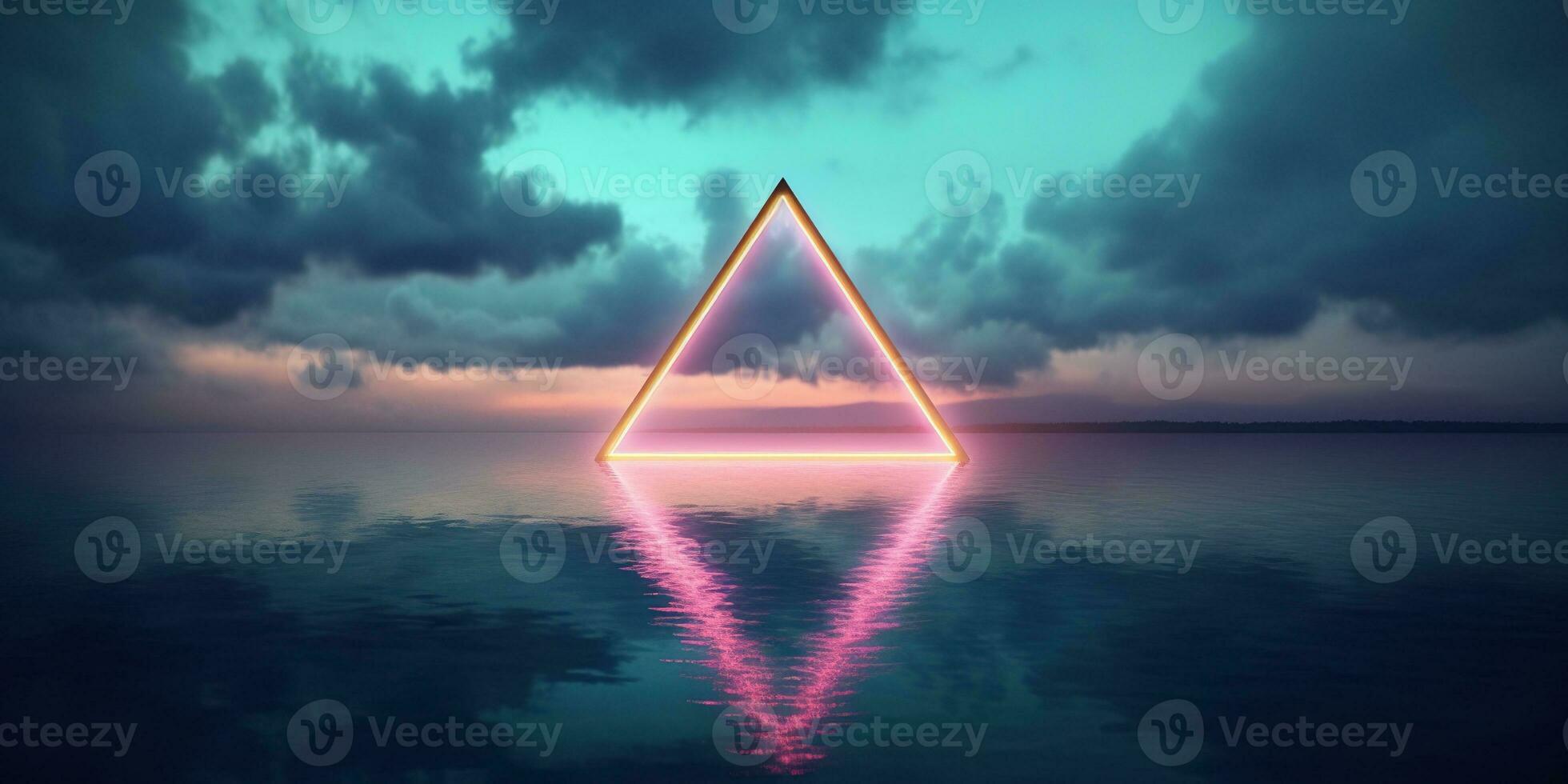 Generative AI, abstract geometric background, clouds, sea and glowing neon triangular frame. Minimal futuristic seascape with reflection in the water. photo