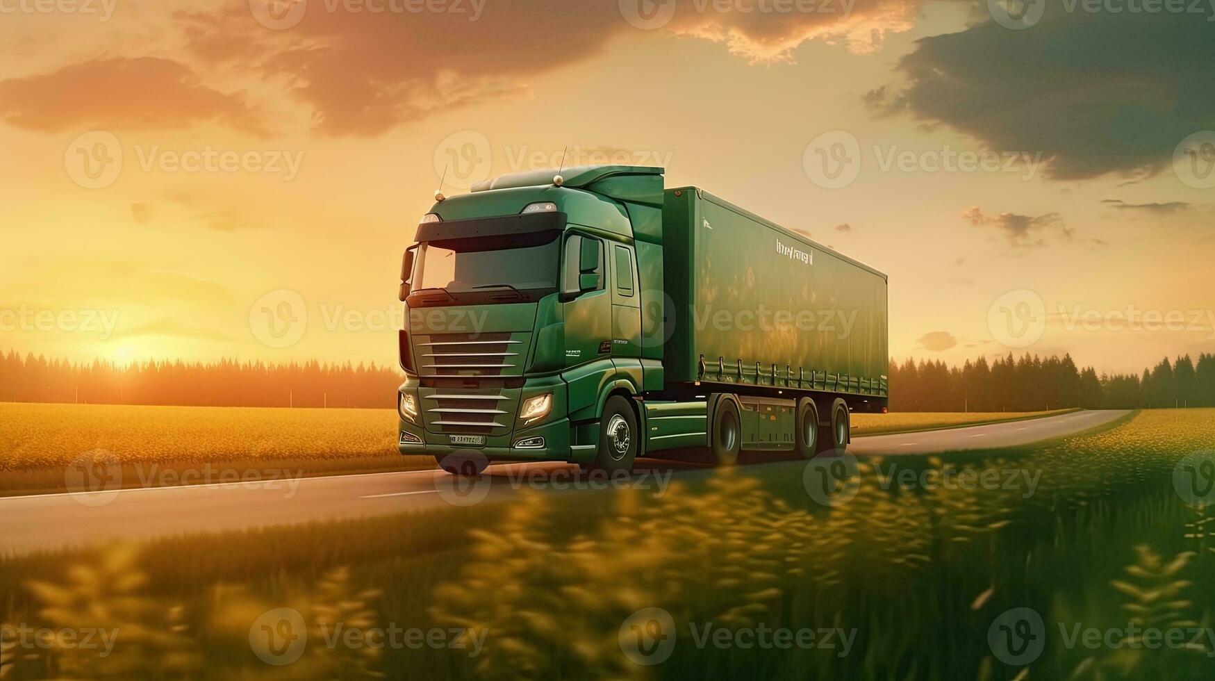 Generative AI, Green truck driving on the asphalt road in rural landscape at sunset. photo