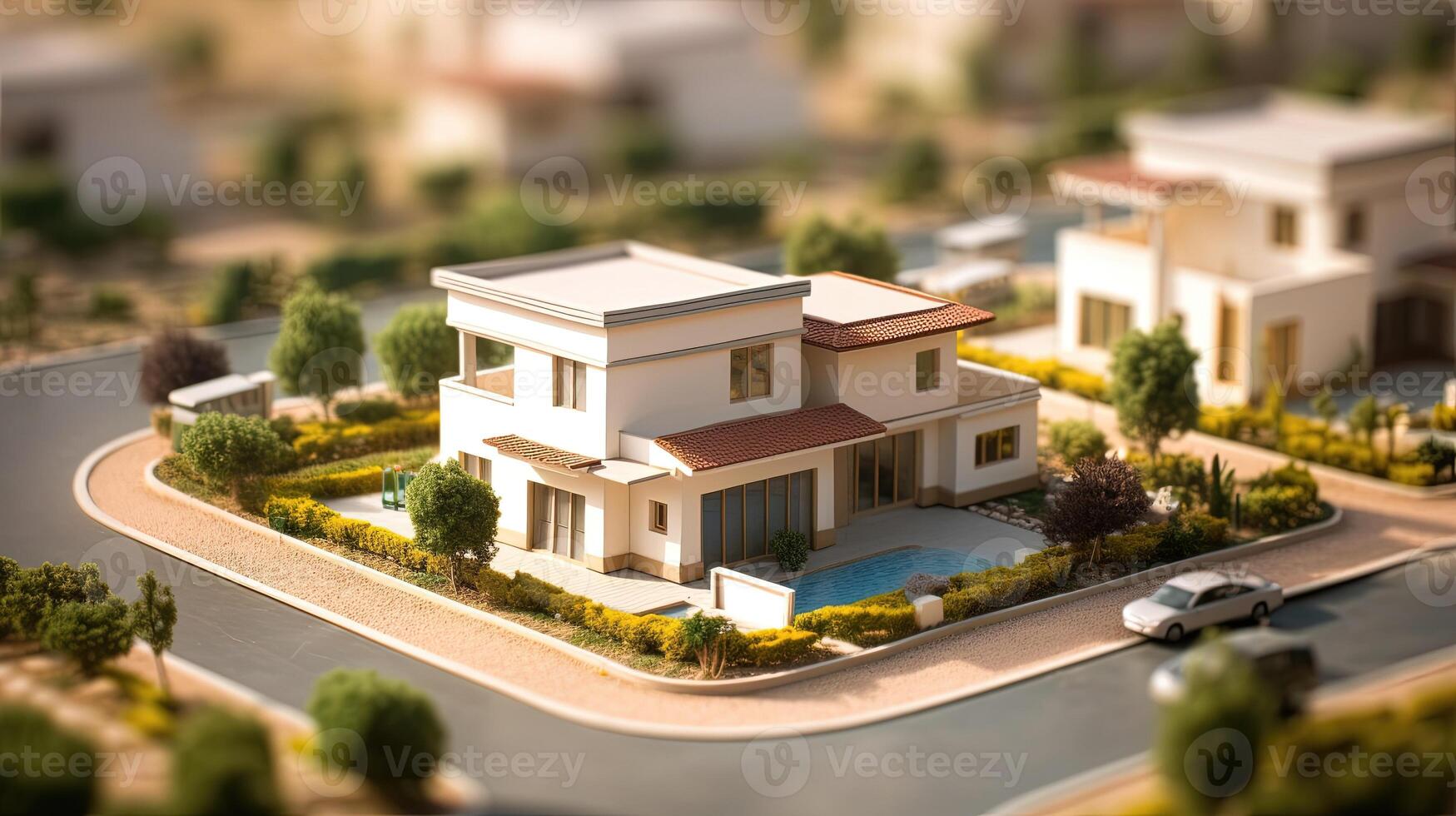 A miniature model of a contemporary villa house neighborhood showcases a modern and generic aesthetic, enhanced by the creative use of tilt-shift focus technique. photo