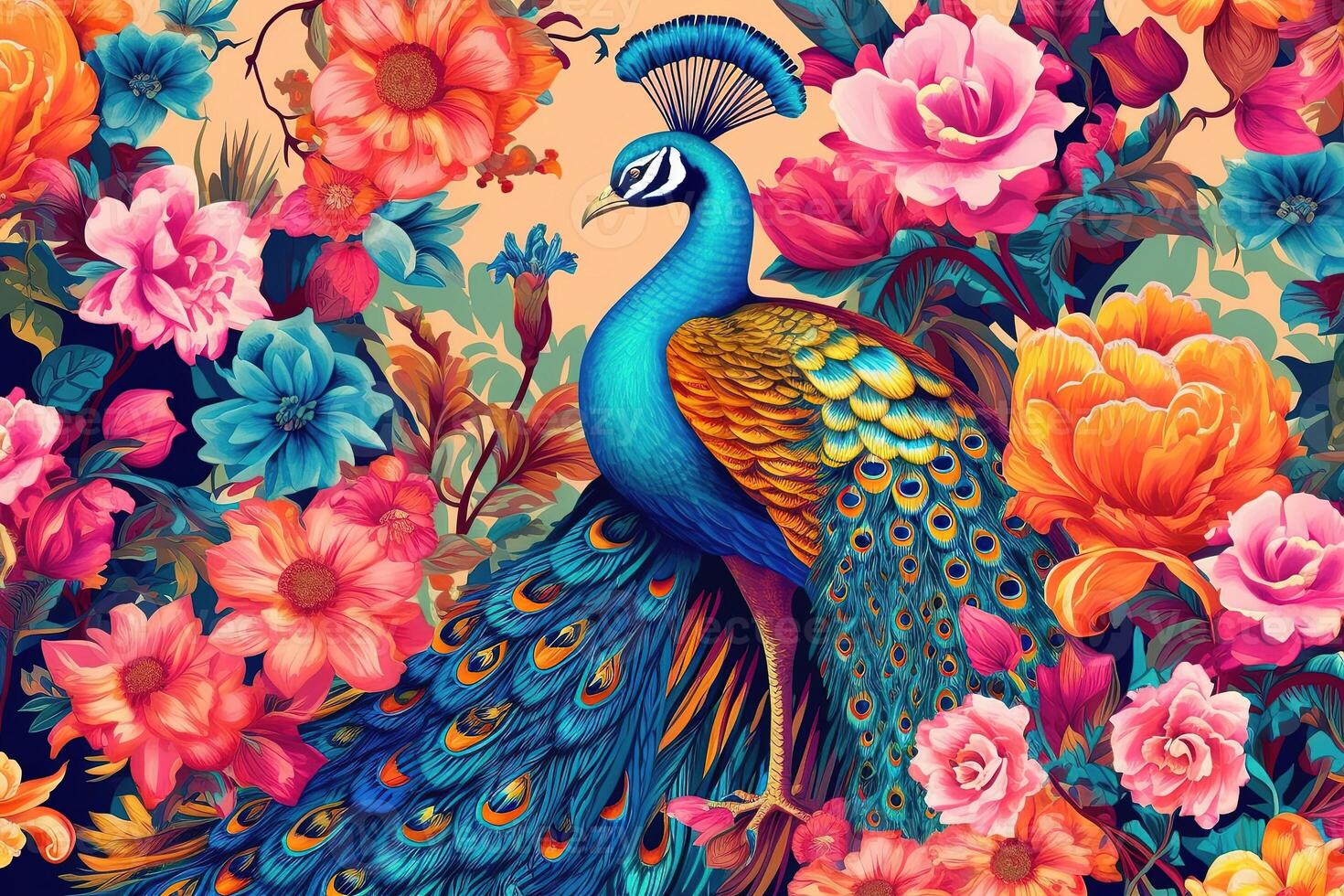 Peacocks and flowers in bright colors background with Exotic oriental pattern. photo