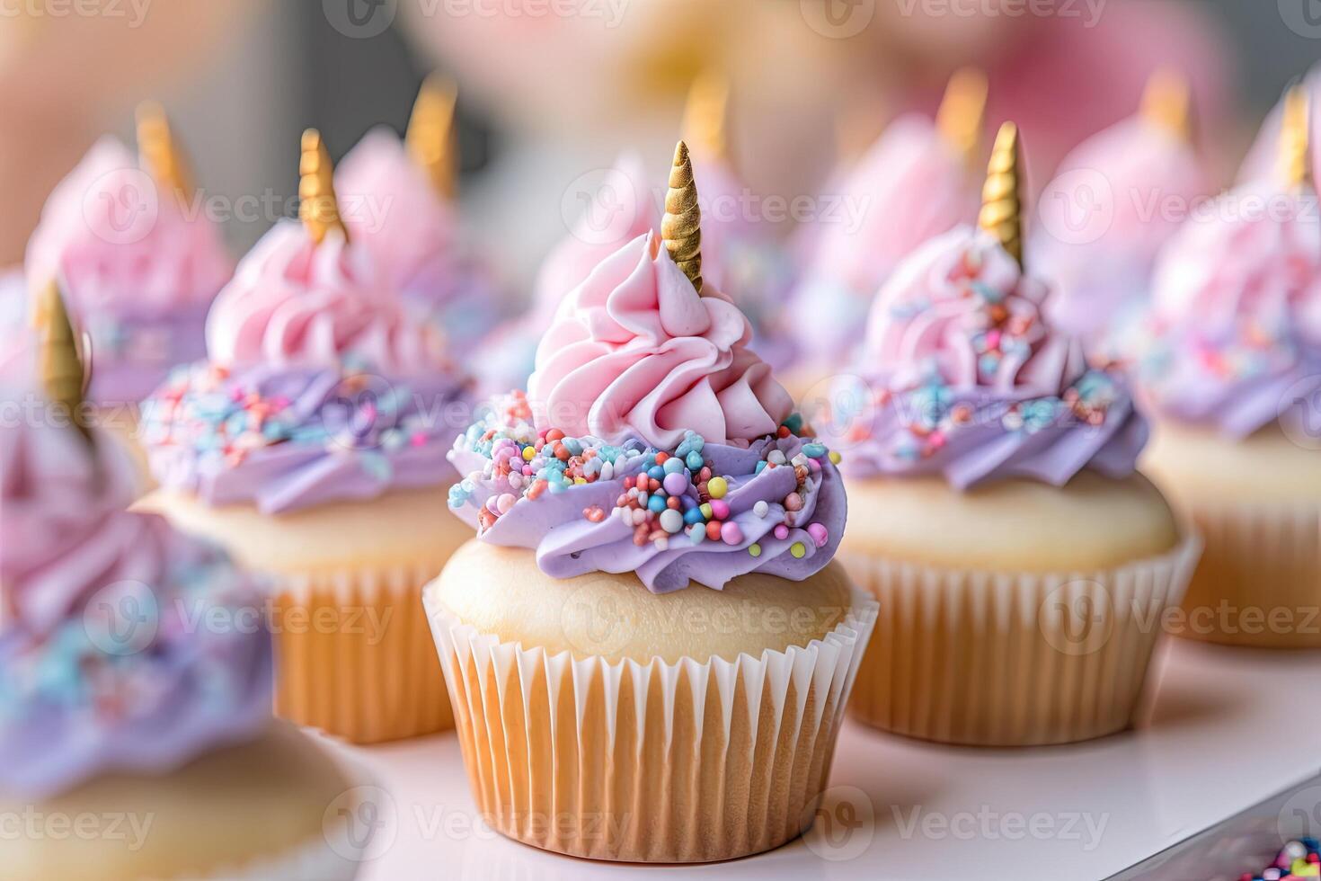 Adorable cute unicorn theme birthday party cupcakes. photo