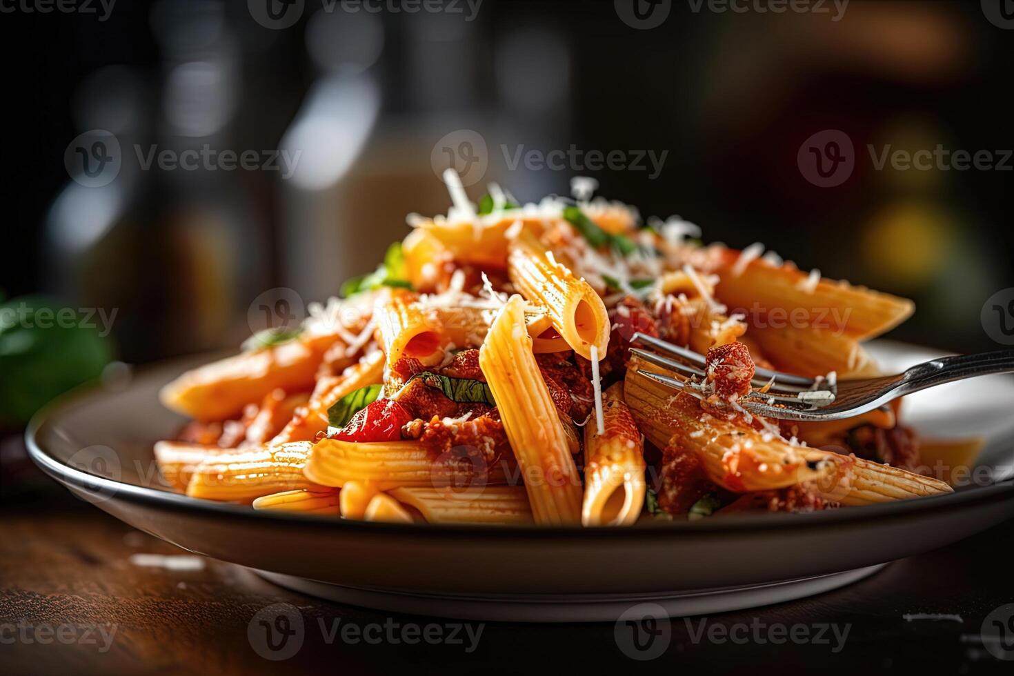 Italian lunch of Penne Rigatoni Rigate pasta, served on a plate with a delectable tomato sauce, ready to be savored with a fork. photo