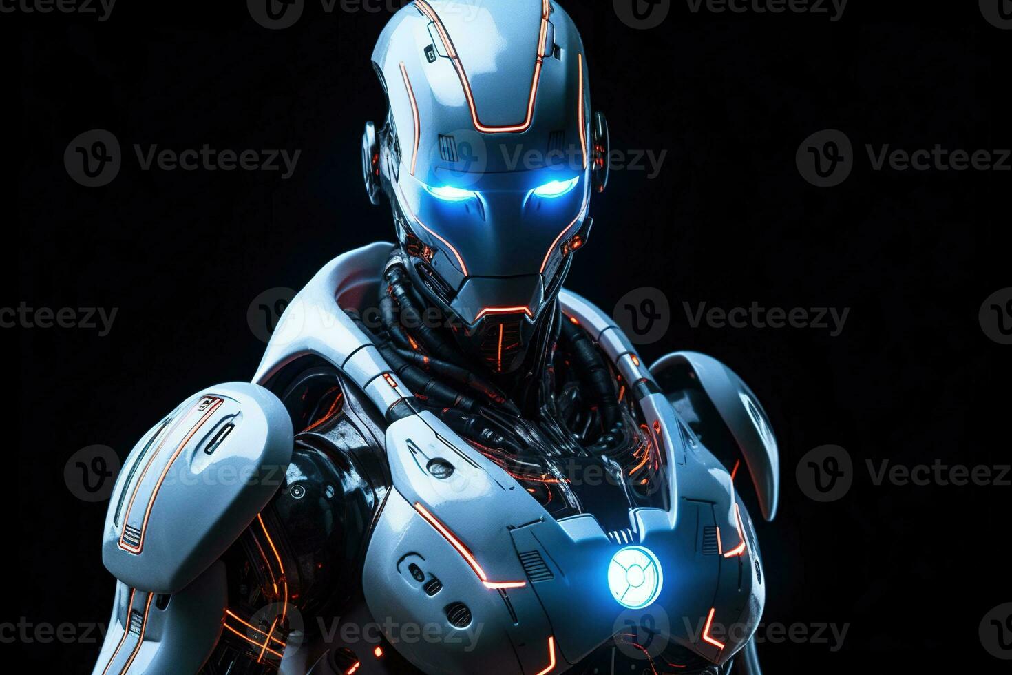 humanoid cyborg Artificial intelligence AI robot illuminated by glowing lights on black background. Artificial intelligence concept. AI Generated photo
