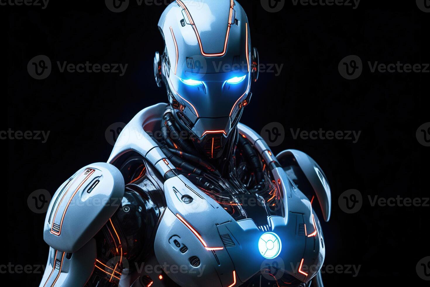 humanoid cyborg Artificial intelligence AI robot illuminated by glowing lights on black background. Artificial intelligence concept. photo