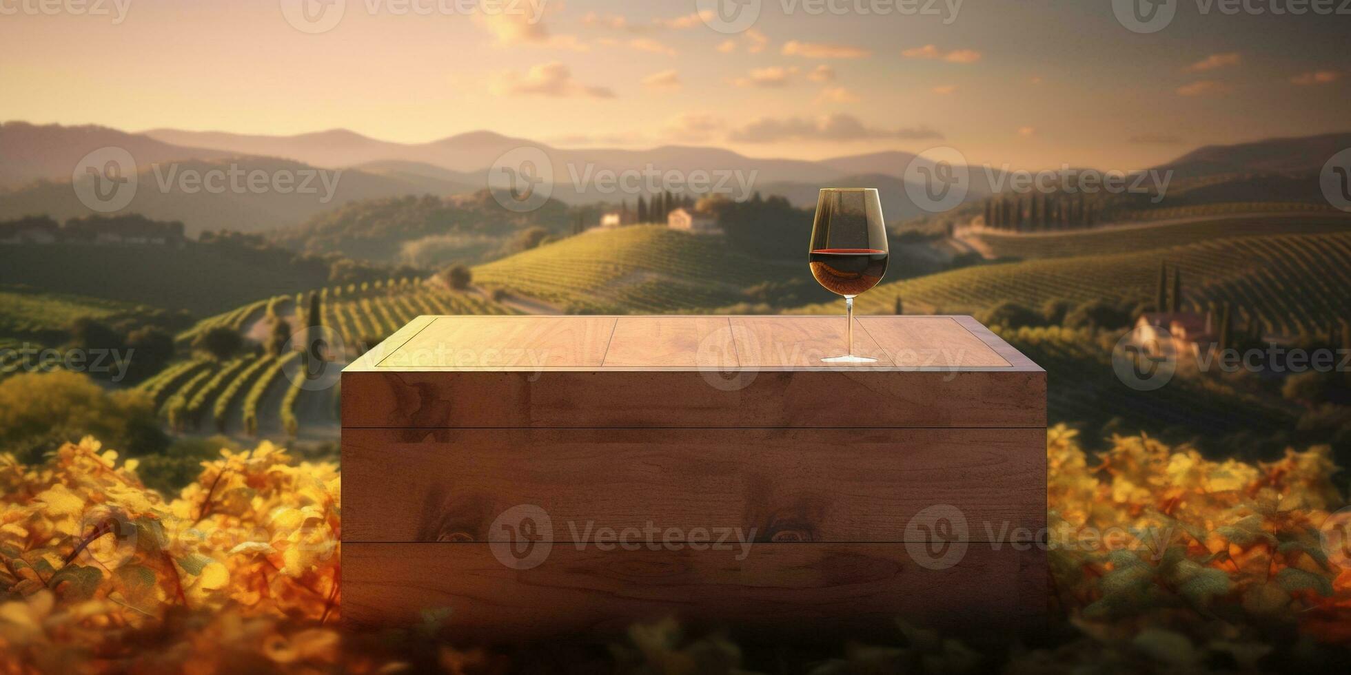 generativo ai, hermosa viñedo con de madera barriles, verde paisaje. filas de vides en puesta de sol foto