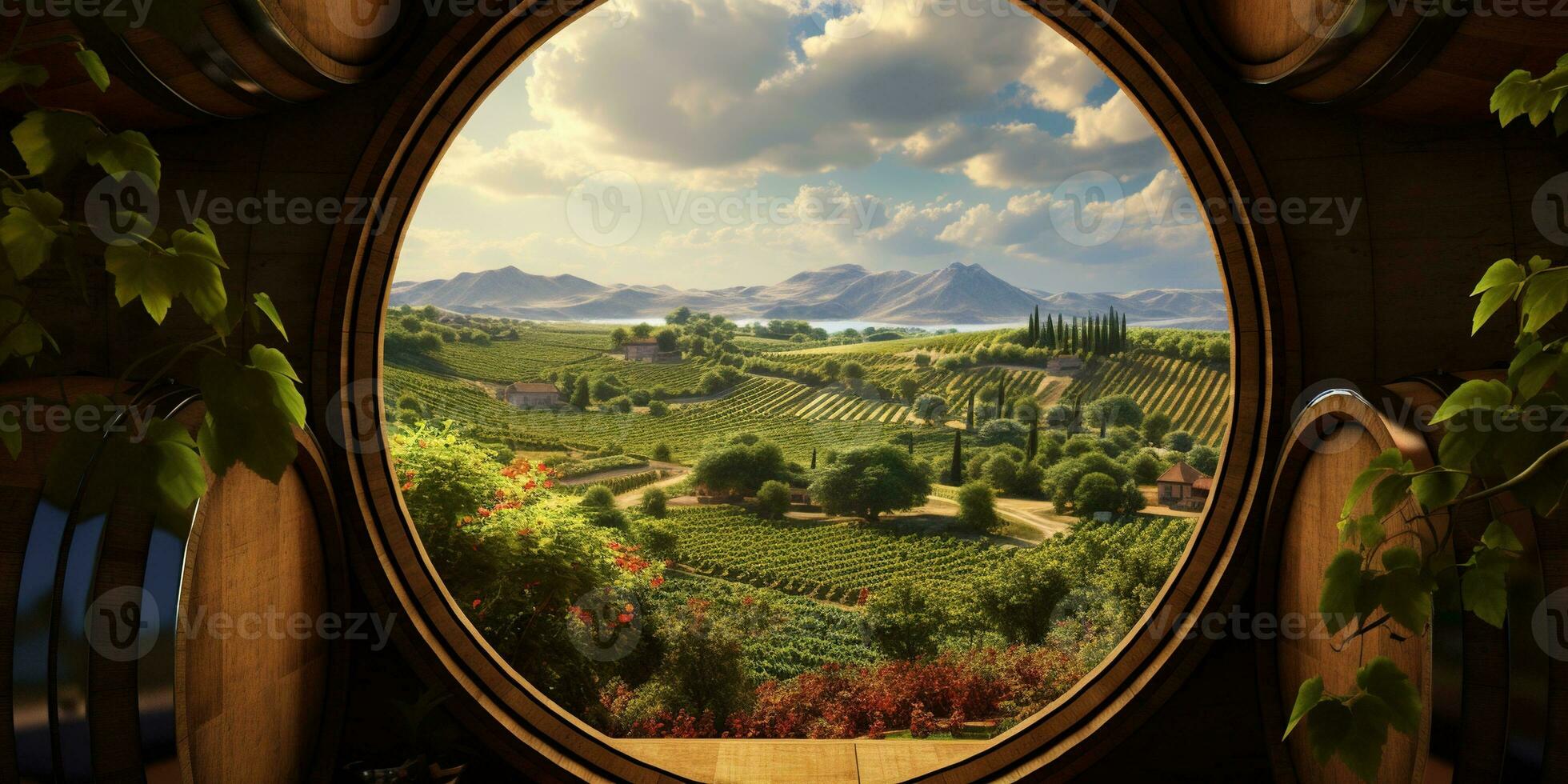 Generative AI, beautiful vineyard with wooden barrels, green landscape. Rows of vines on sunset photo