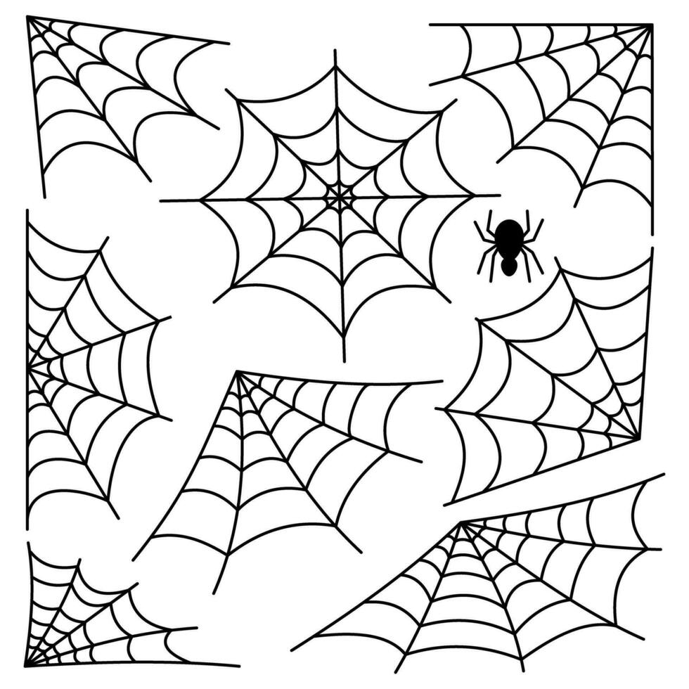 Spider web set for halloween day the night of October 31. Black and white vector illustration isolated on white background.