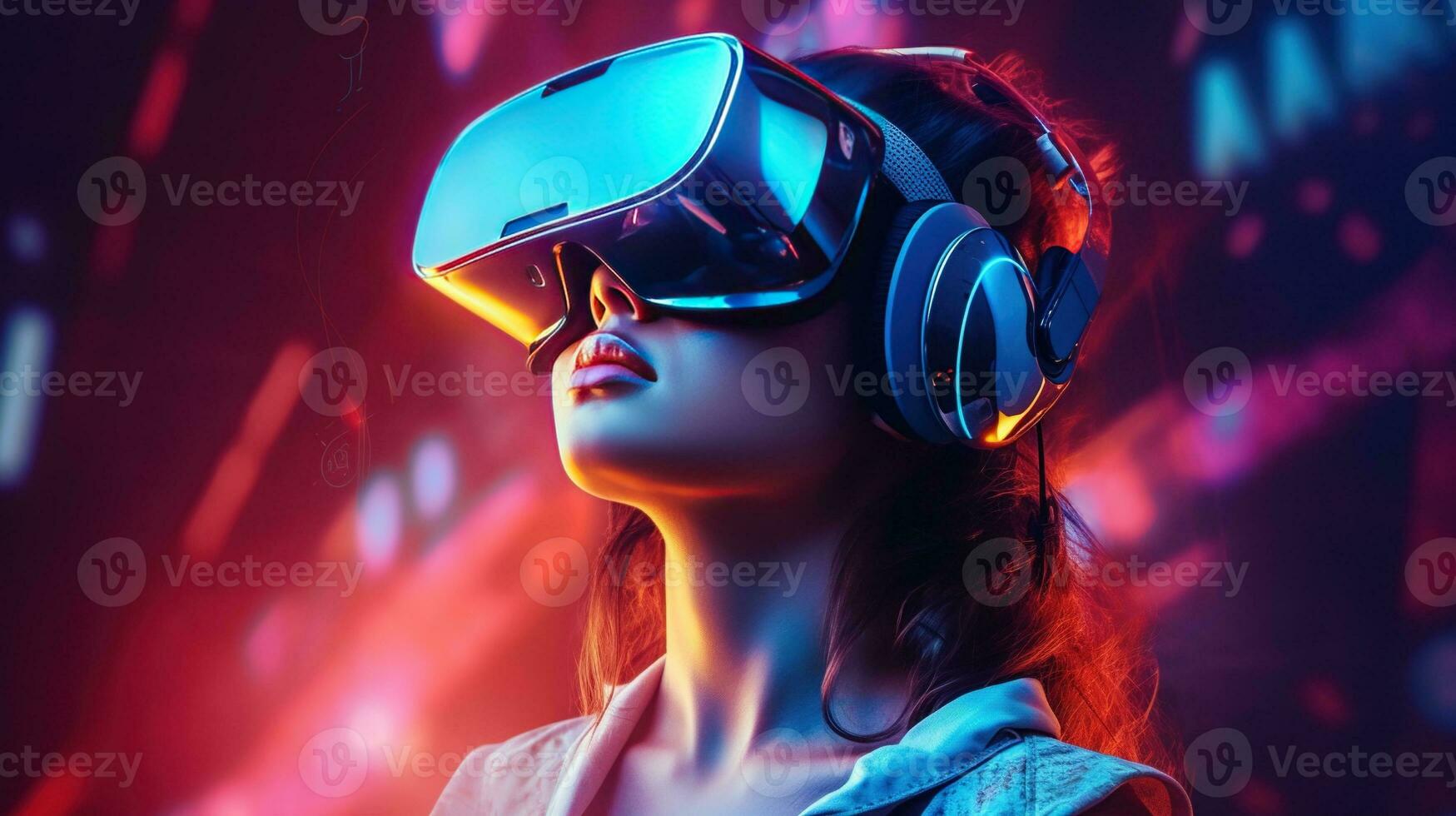 generativo ai, hermosa mujer en vr lentes en neón espacio calle, virtual realidad auriculares en ciberespacio foto