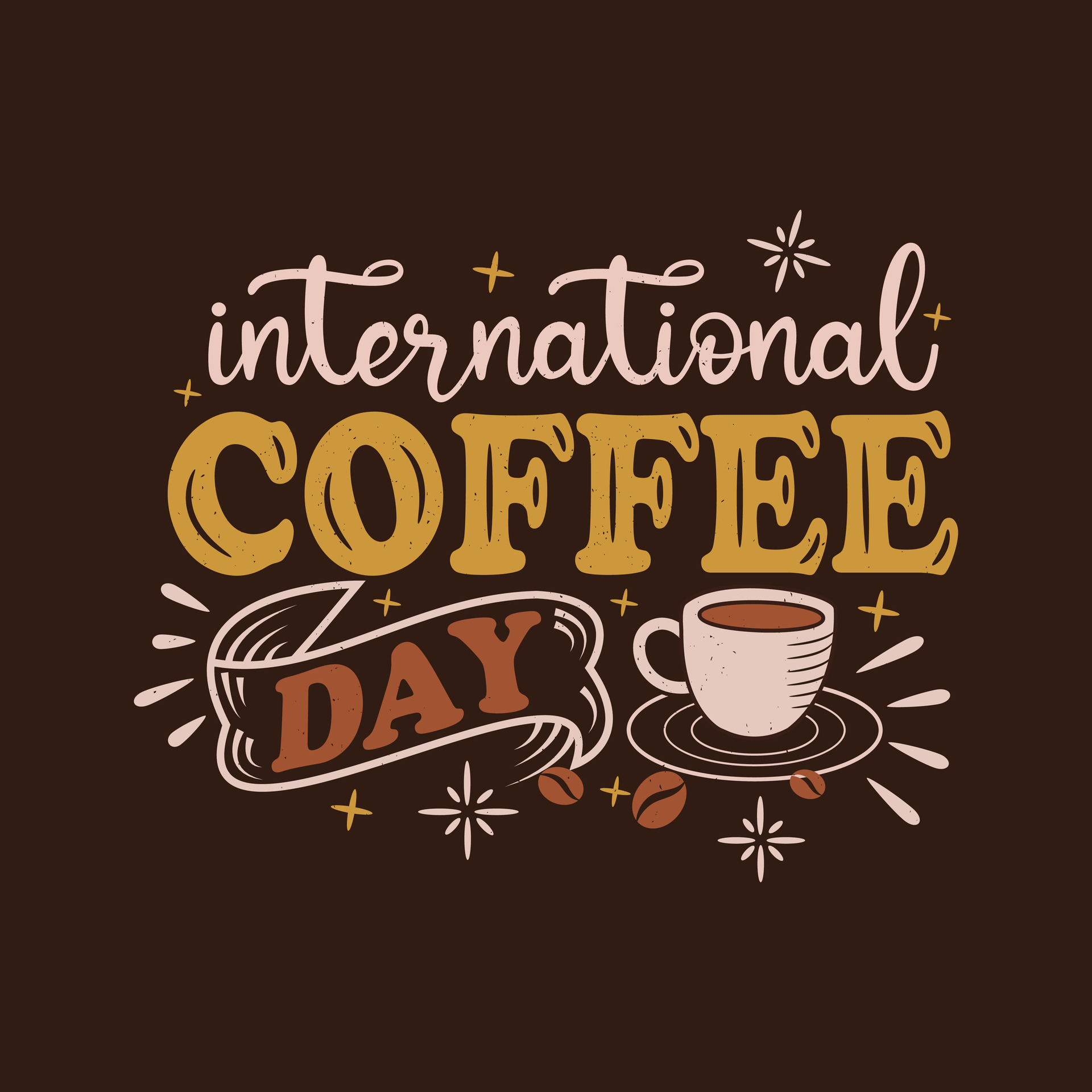 internacional café día letras póster decorado por café frijoles y