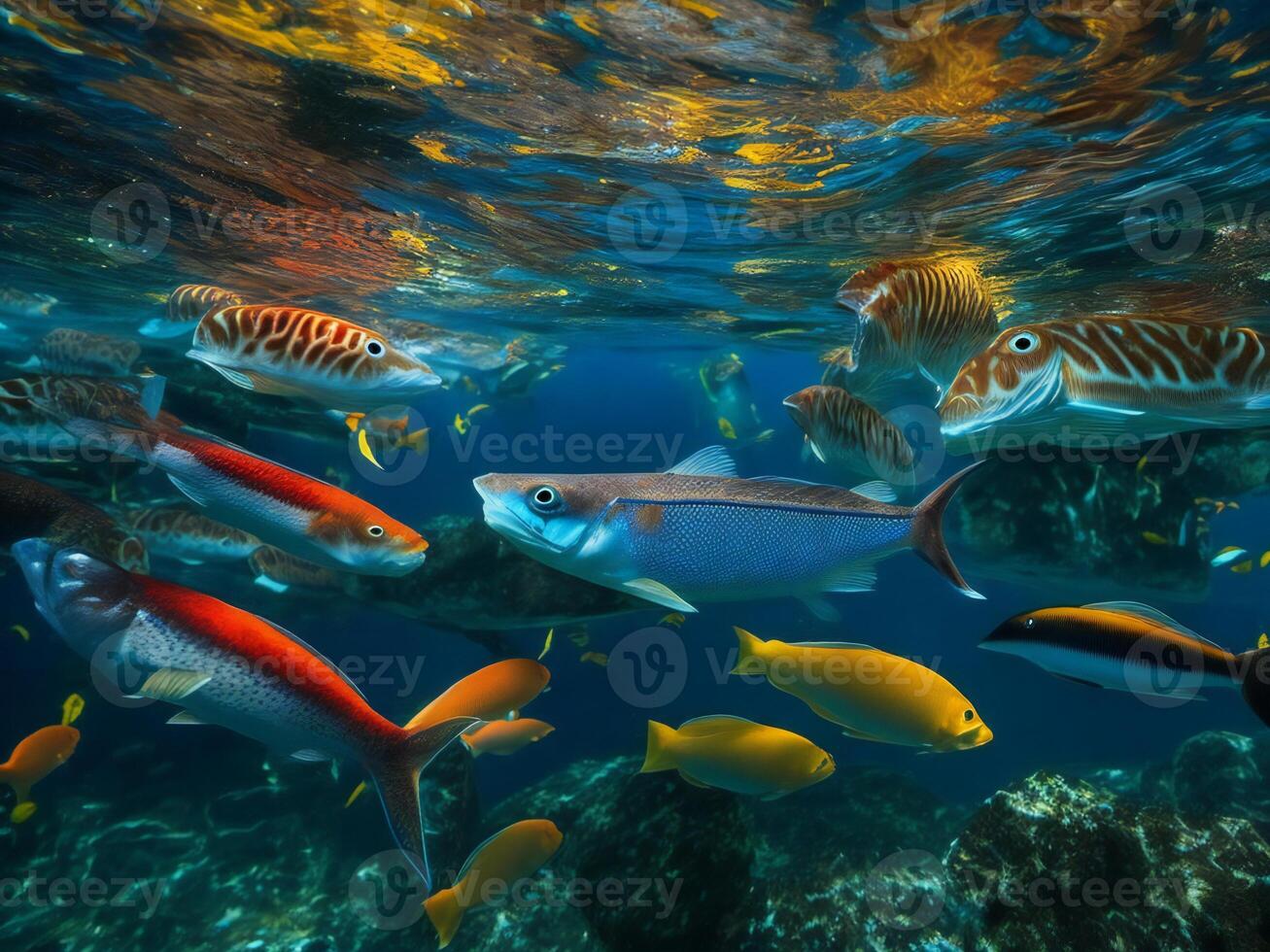 un grande grupo de pescado nadando en el Oceano ai generado foto