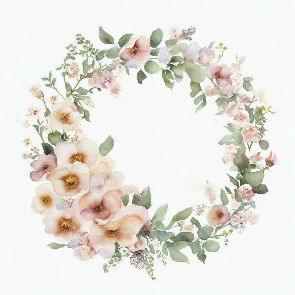 Generative AI, Watercolor wreath with pastel colors flowers in boho style, hand drawn art style with place for text. Greeting, birthday and other holiday, wedding invitation concept photo