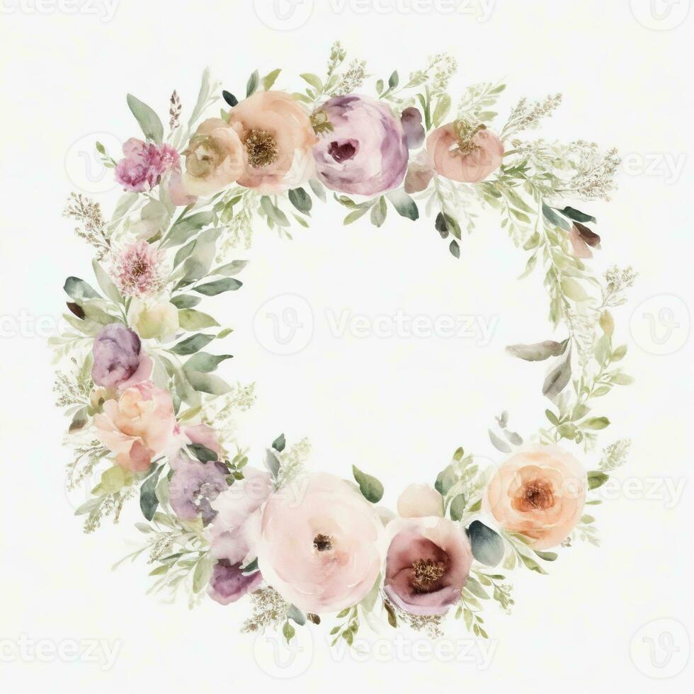 Generative AI, Watercolor wreath with pastel colors flowers in boho style, hand drawn art style with place for text. Greeting, birthday and other holiday, wedding invitation concept photo