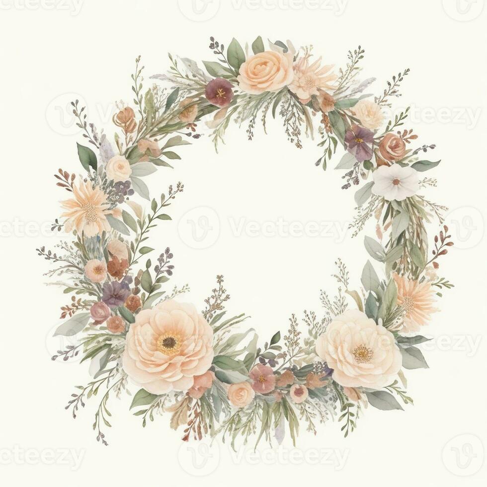 Generative AI, Watercolor wreath with pastel colors flowers in boho style, hand drawn art style with place for text. Greeting, birthday and other holiday, wedding invitation concept photo