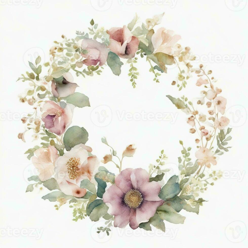 Generative AI, Watercolor wreath with pastel colors flowers in boho style, hand drawn art style with place for text. Greeting, birthday and other holiday, wedding invitation concept photo