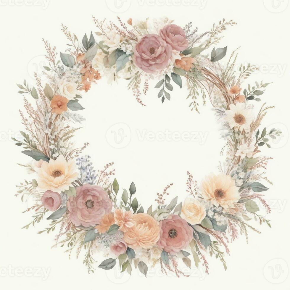 Generative AI, Watercolor wreath with pastel colors flowers in boho style, hand drawn art style with place for text. Greeting, birthday and other holiday, wedding invitation concept photo