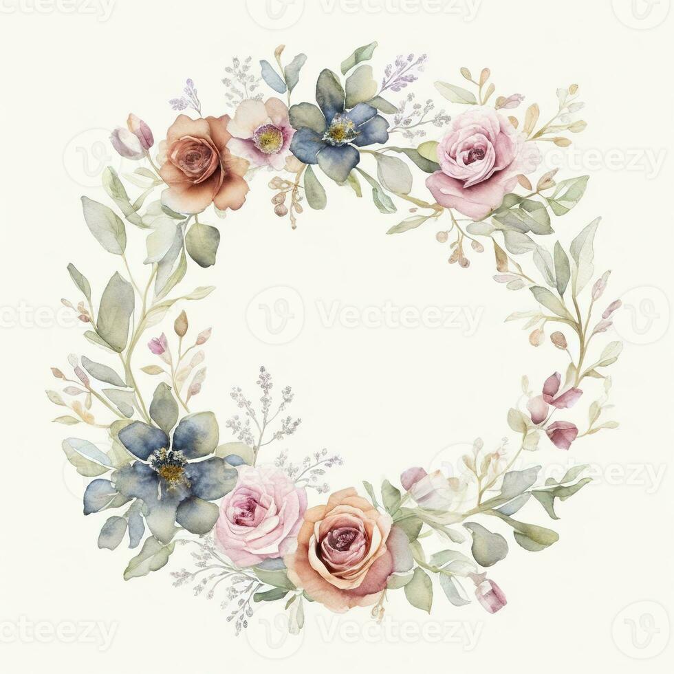 Generative AI, Watercolor wreath with pastel colors flowers in boho style, hand drawn art style with place for text. Greeting, birthday and other holiday, wedding invitation concept photo