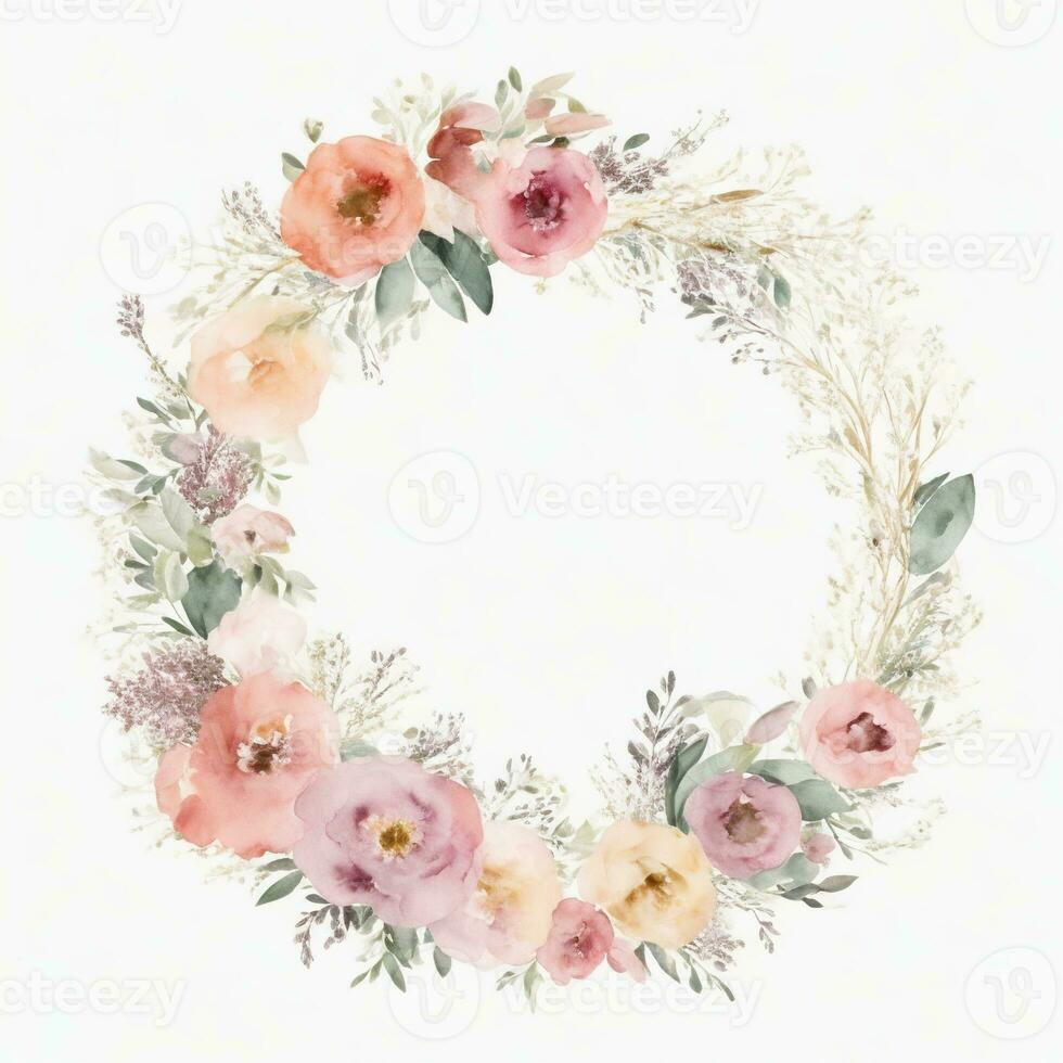 Generative AI, Watercolor wreath with pastel colors flowers in boho style, hand drawn art style with place for text. Greeting, birthday and other holiday, wedding invitation concept photo