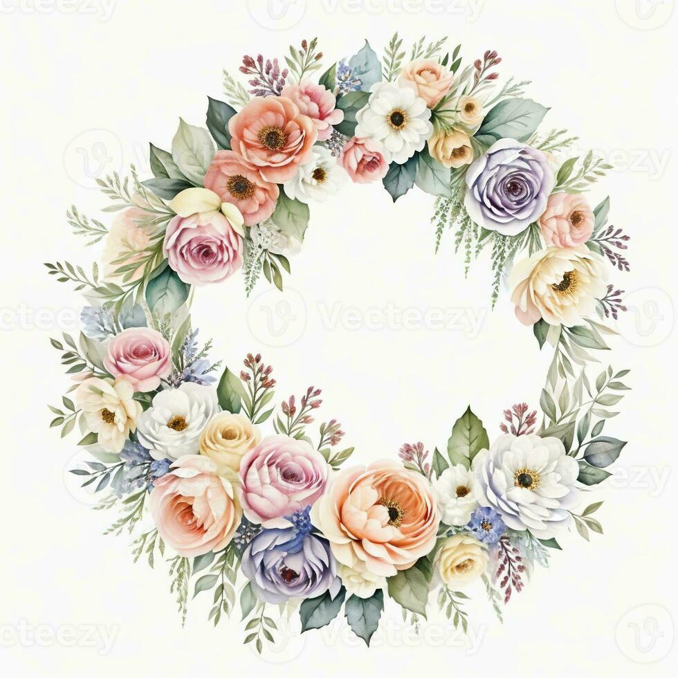 Generative AI, Watercolor wreath with pastel colors flowers in boho style, hand drawn art style with place for text. Greeting, birthday and other holiday, wedding invitation concept photo