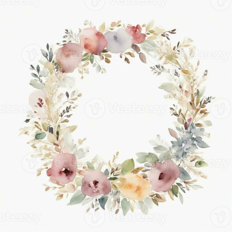 Generative AI, Watercolor wreath with pastel colors flowers in boho style, hand drawn art style with place for text. Greeting, birthday and other holiday, wedding invitation concept photo