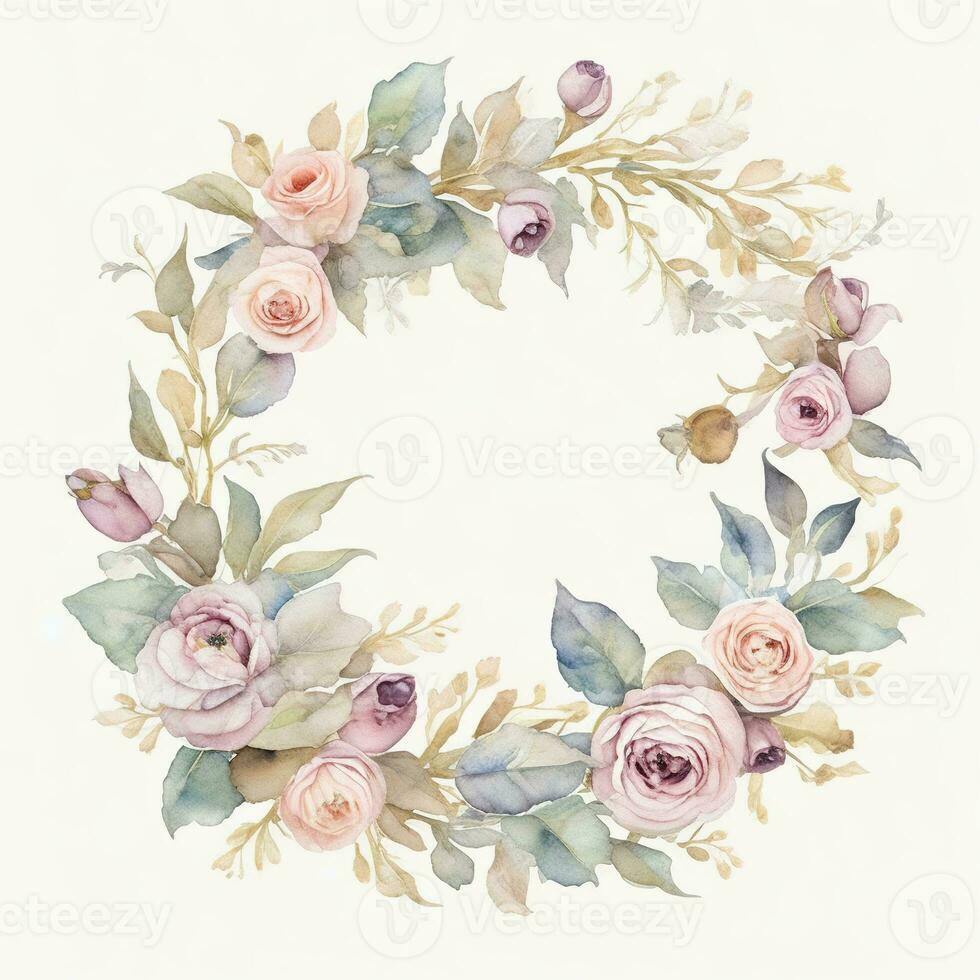 Generative AI, Watercolor wreath with pastel colors flowers in boho style, hand drawn art style with place for text. Greeting, birthday and other holiday, wedding invitation concept photo