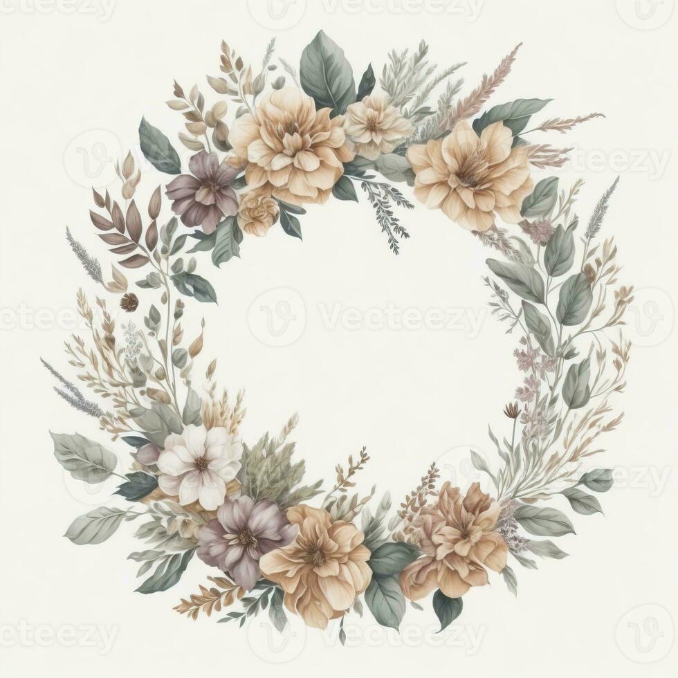 Generative AI, Watercolor wreath with pastel colors flowers in boho style, hand drawn art style with place for text. Greeting, birthday and other holiday, wedding invitation concept photo