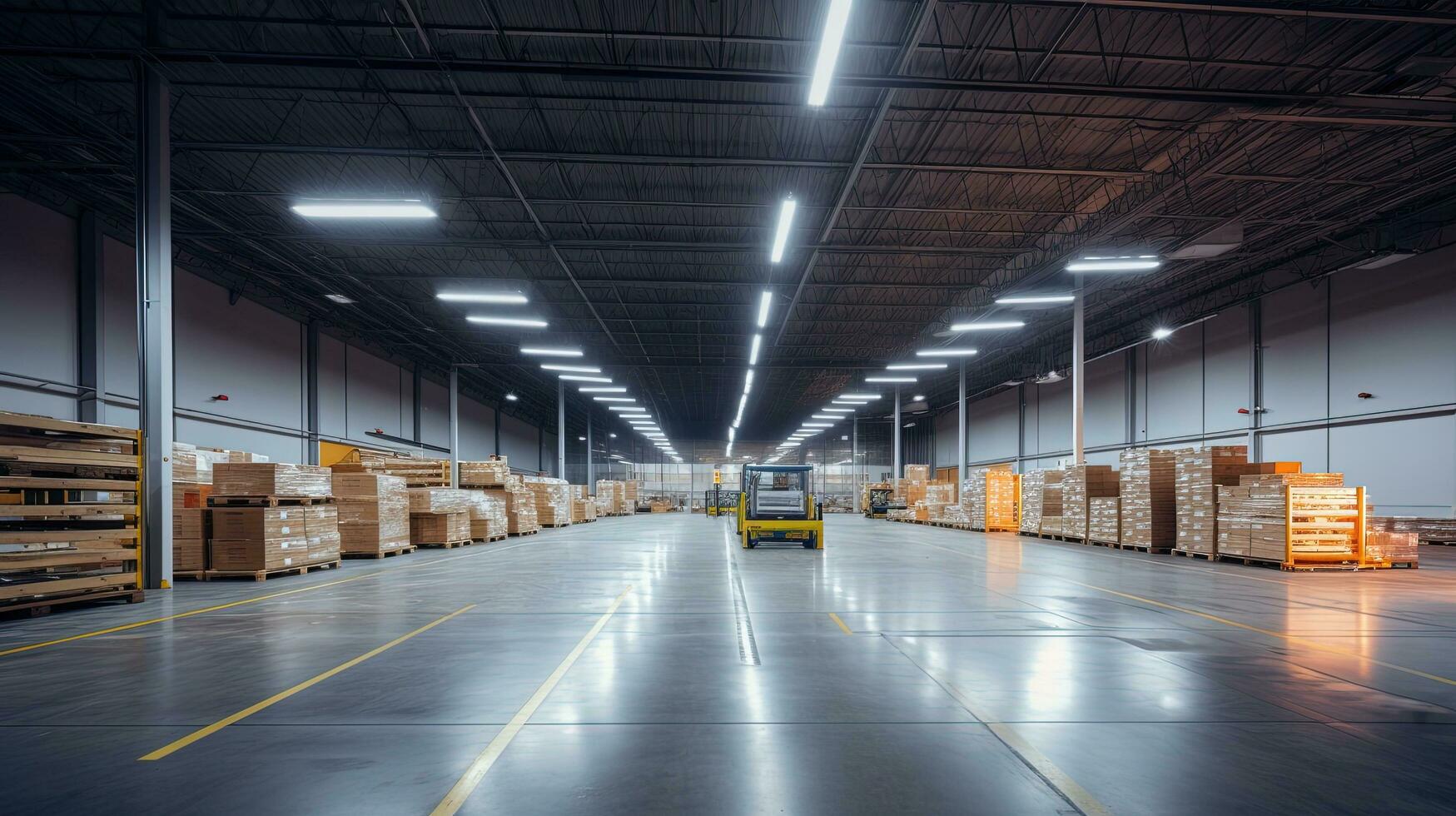 Generative AI, Warehouse interior with LED lighting, industry building, distribution retail center, part of storage and shipping system. photo