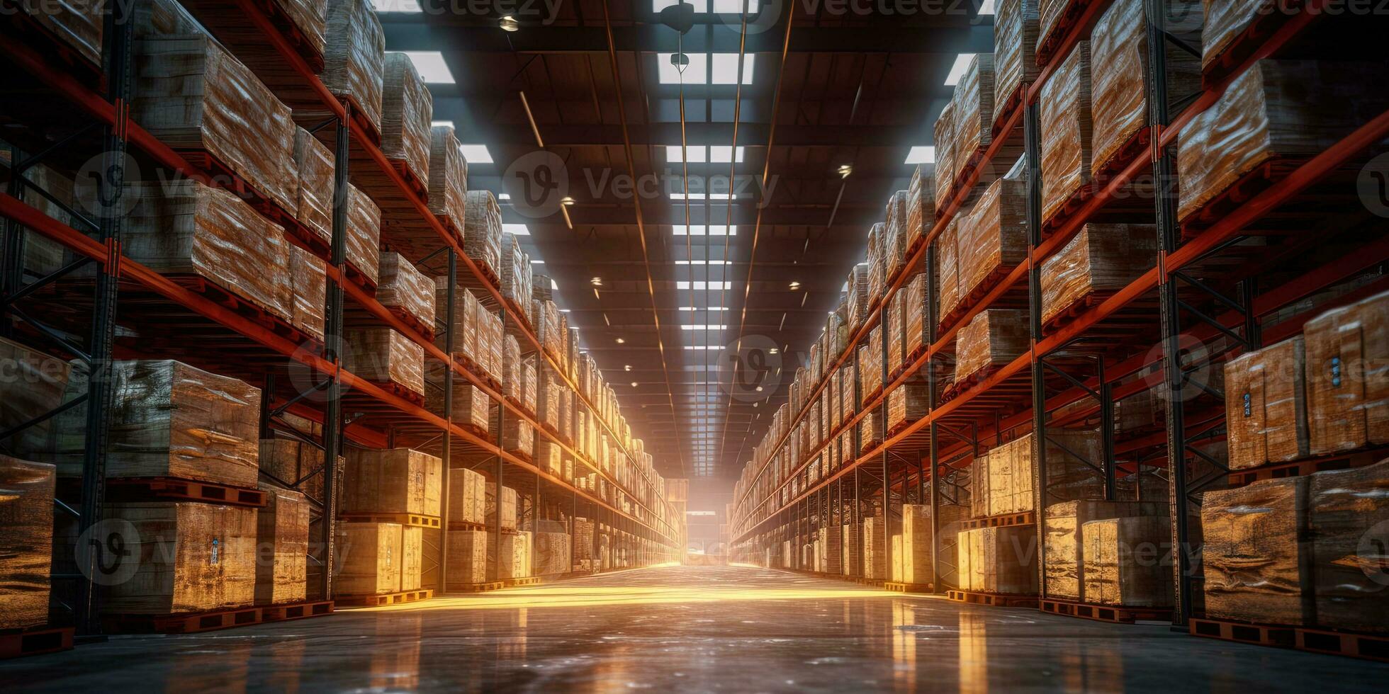Generative AI, Warehouse interior with LED lighting, industry building, distribution retail center, part of storage and shipping system. photo