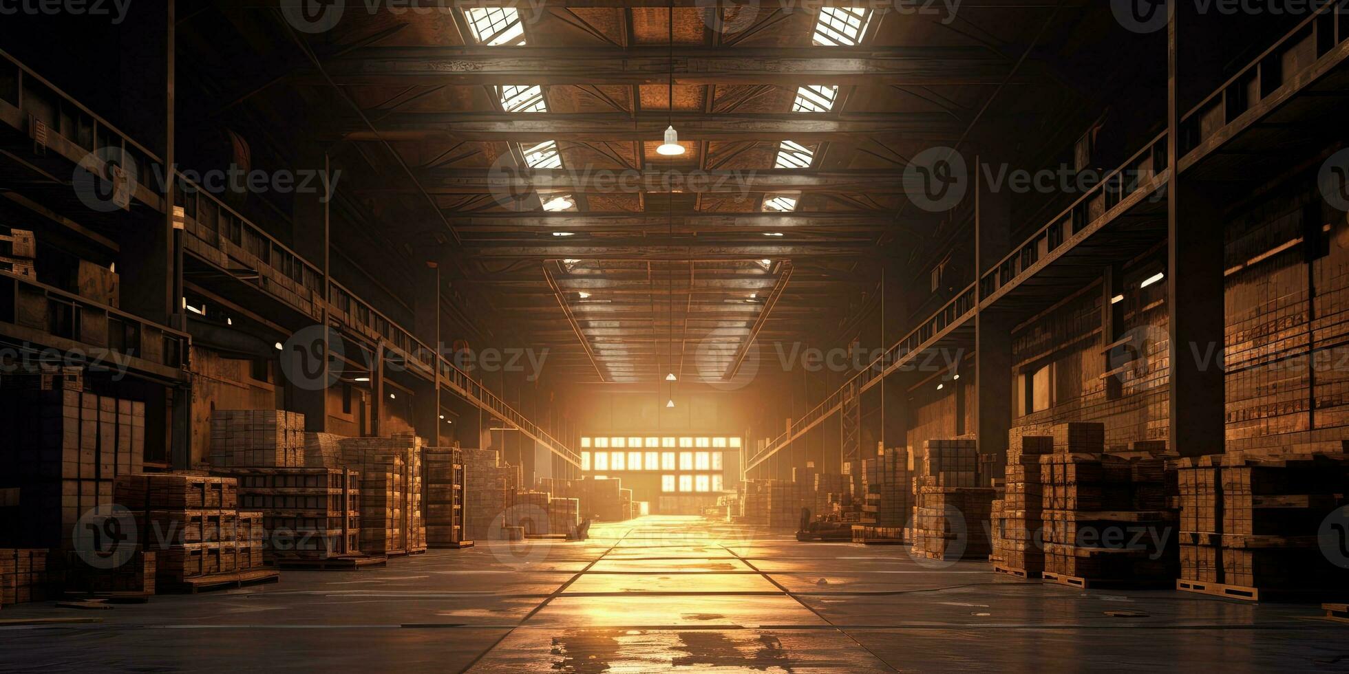 Generative AI, Warehouse interior with LED lighting, industry building, distribution retail center, part of storage and shipping system. photo