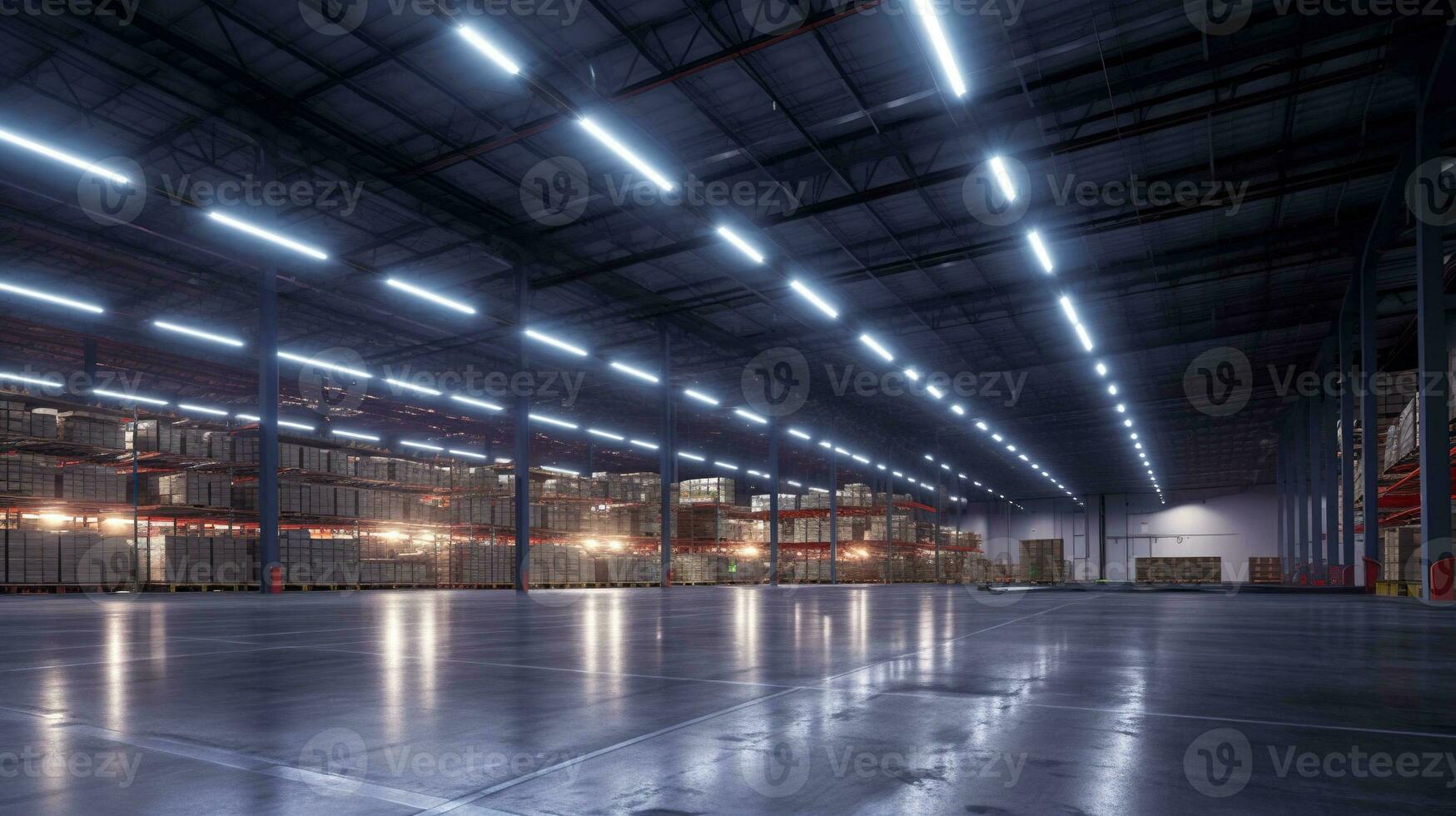 Generative AI, Warehouse interior with LED lighting, industry building, distribution retail center, part of storage and shipping system. photo