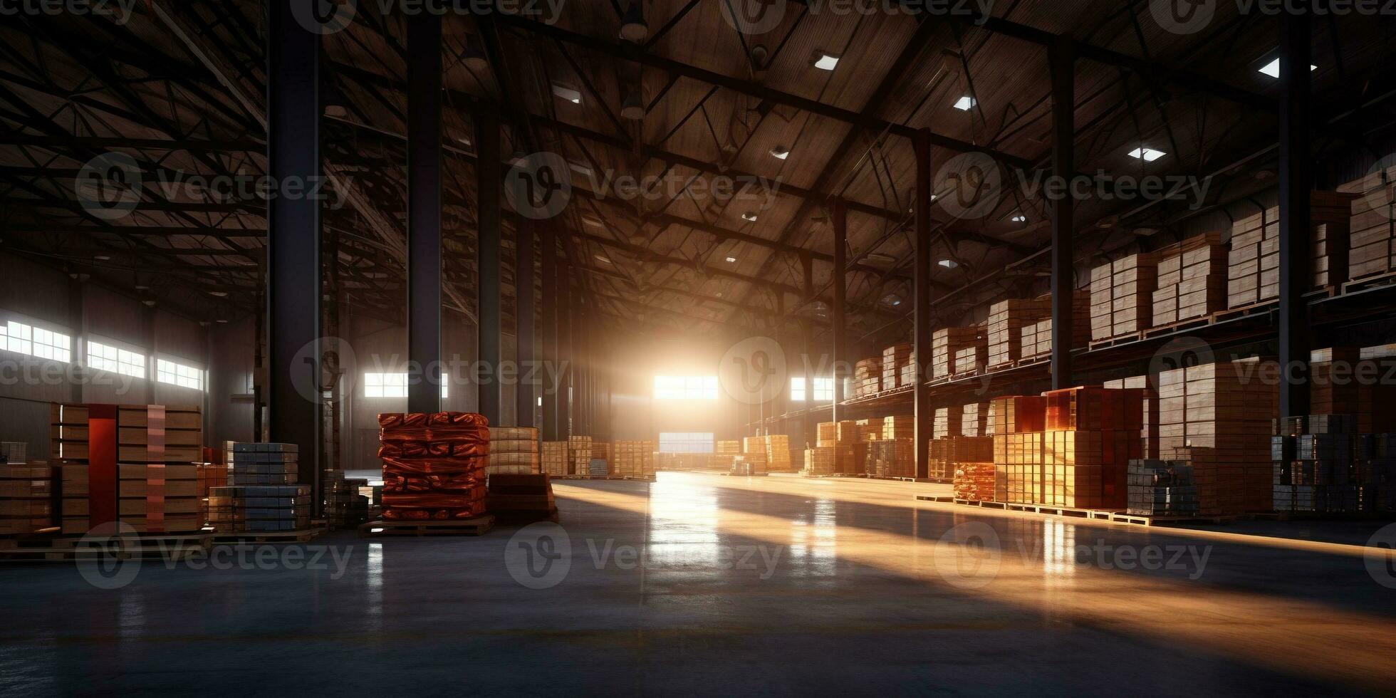 Generative AI, Warehouse interior with LED lighting, industry building, distribution retail center, part of storage and shipping system. photo