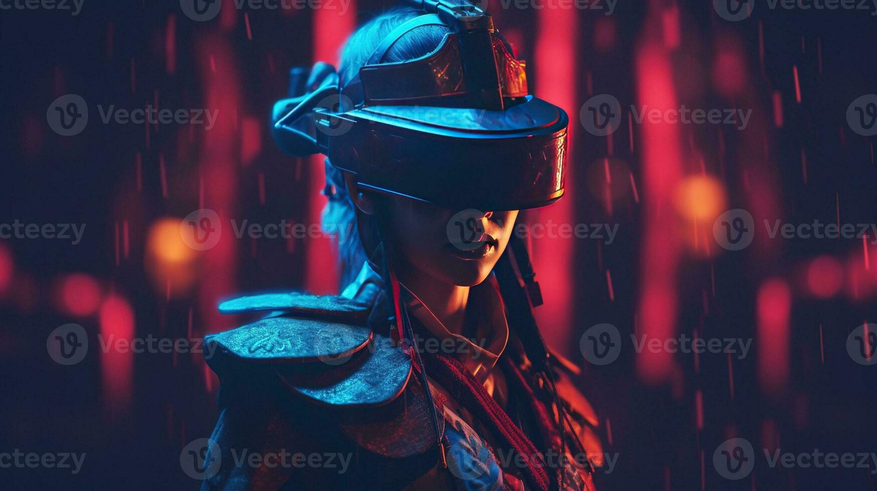 Generative AI, beautiful asian person in samurai suit in VR glasses in neon space street, virtual reality headset in cyberspace photo