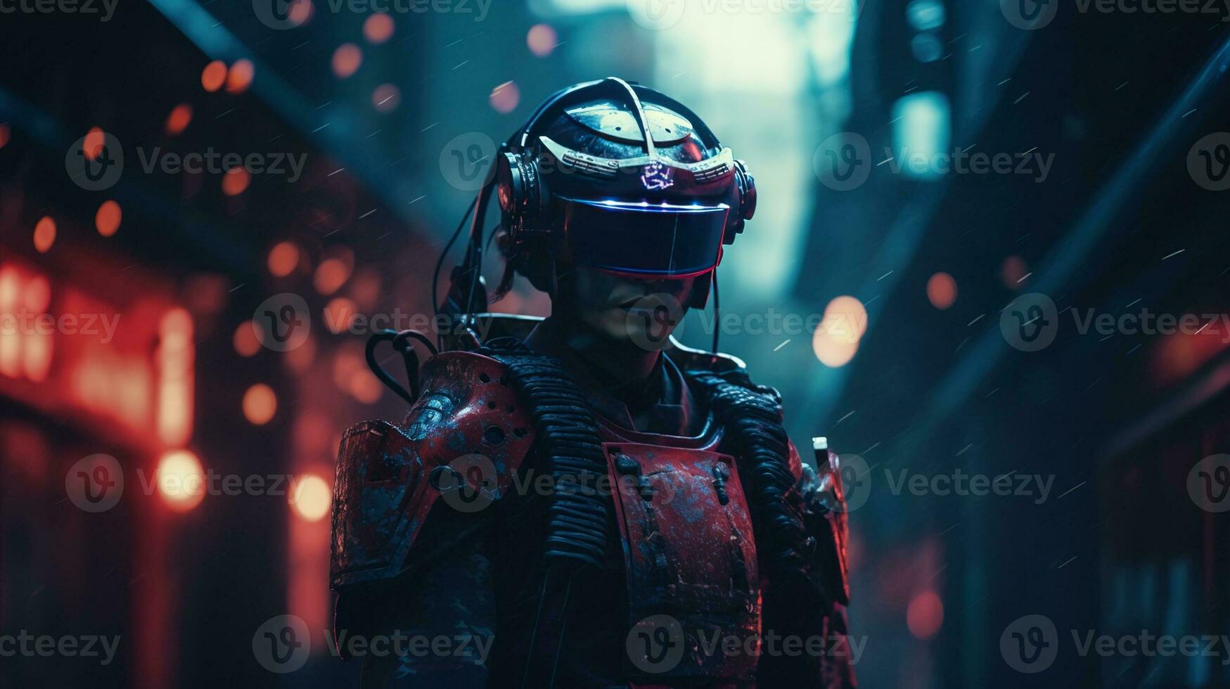 Generative AI, beautiful asian person in samurai suit in VR glasses in neon space street, virtual reality headset in cyberspace photo