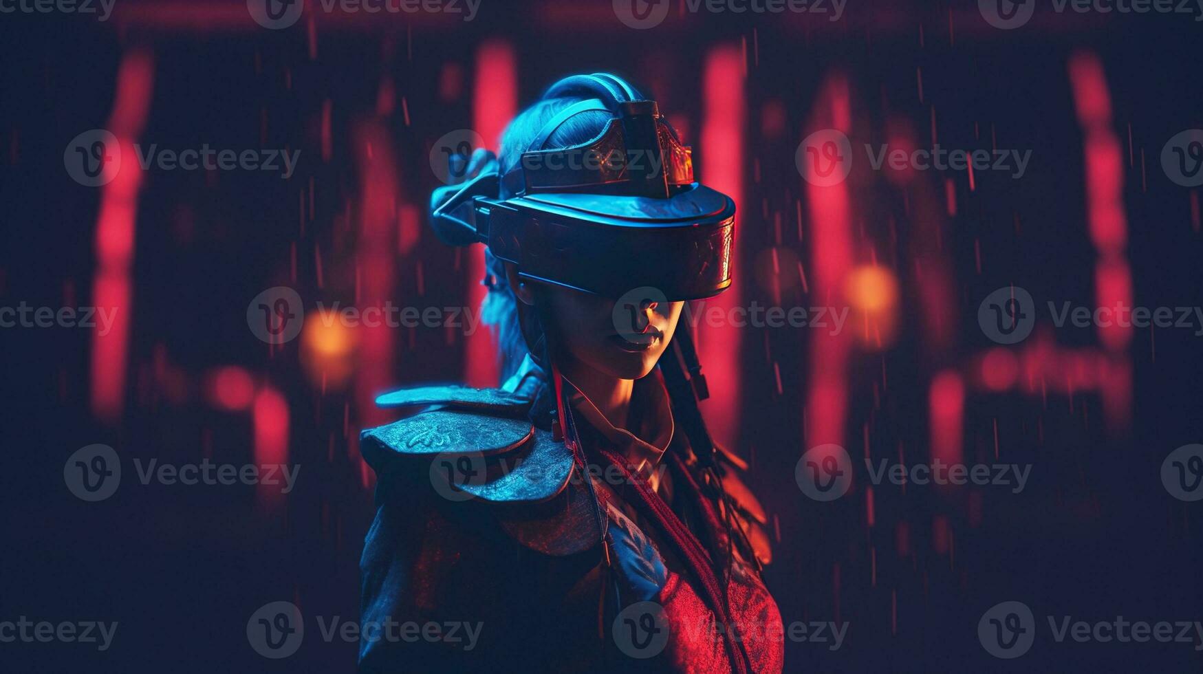 Generative AI, beautiful asian person in samurai suit in VR glasses in neon space street, virtual reality headset in cyberspace photo