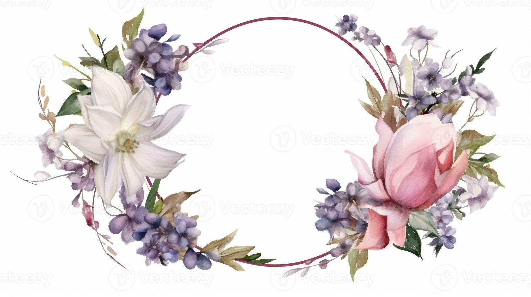 Generative AI, Watercolor frame with spring pastel color flowers, hand drawn art style with place for text. Greeting, birthday and other holiday, wedding invitation concept photo