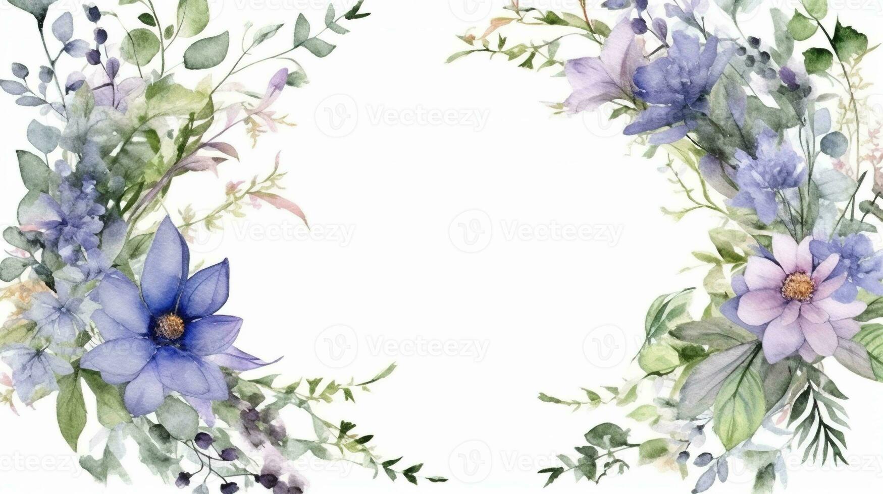 Generative AI, Watercolor frame with spring pastel color flowers, hand drawn art style with place for text. Greeting, birthday and other holiday, wedding invitation concept photo