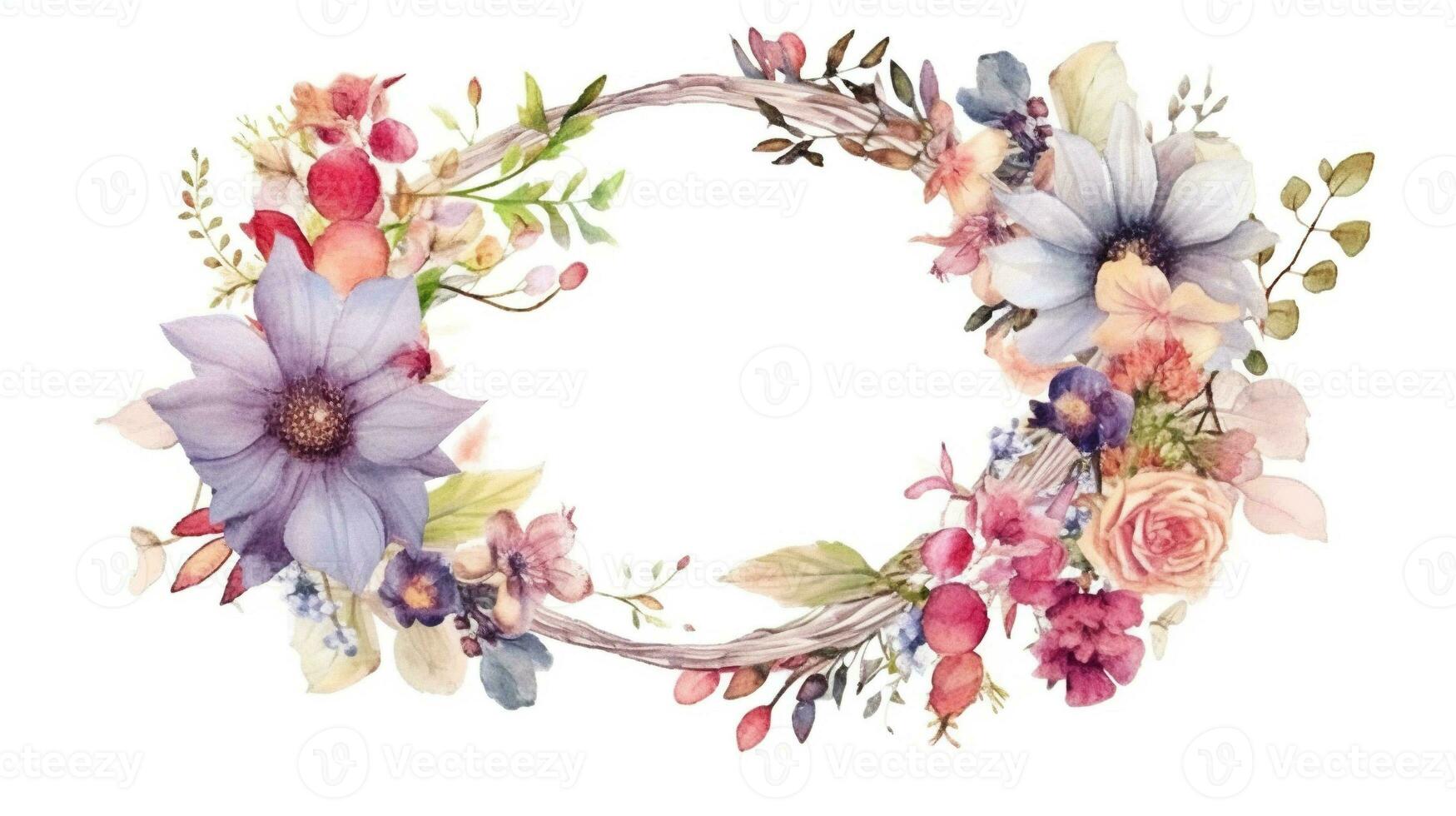 Generative AI, Watercolor frame with spring pastel color flowers, hand drawn art style with place for text. Greeting, birthday and other holiday, wedding invitation concept photo