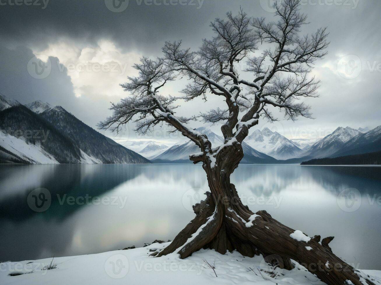 a lone tree stands on the shore of a lake with mountains in the background ai generated photo