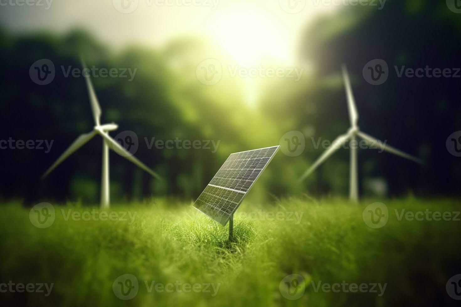 Generative AI, wind turbines in a field, green farm landscape. Environmentally eco-friendly power generation. Renewable energy source. photo